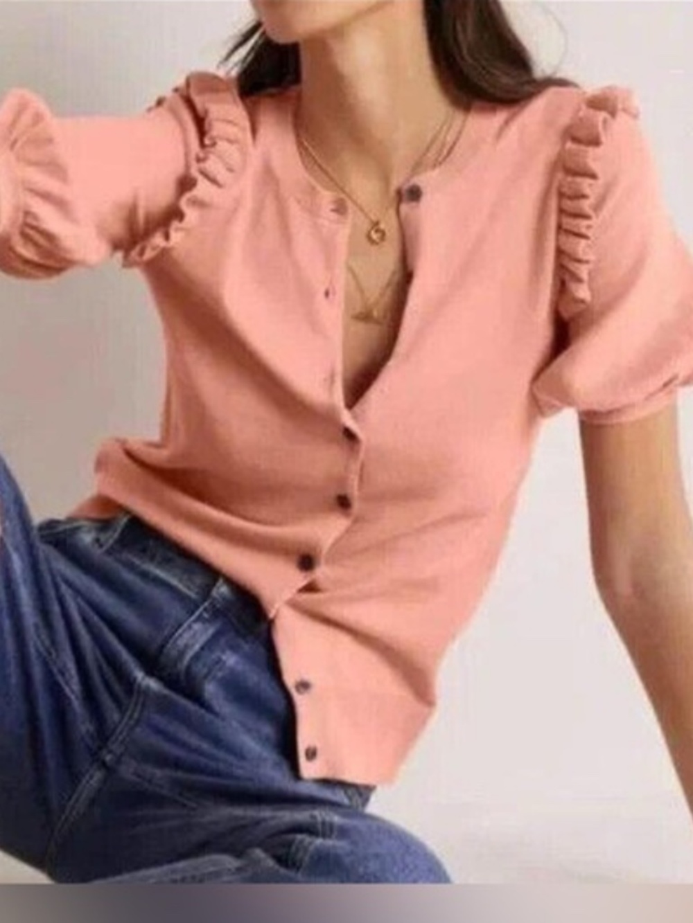 Boden Coral Ruffle Sleeve Cardigan | Size 2 | Soft Cotton Knit